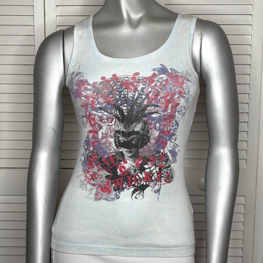 Vintage Y2K BD Sweats Bella Dahl Wicked Graphic Ribbed Tank Top Blue XS/S 2000s